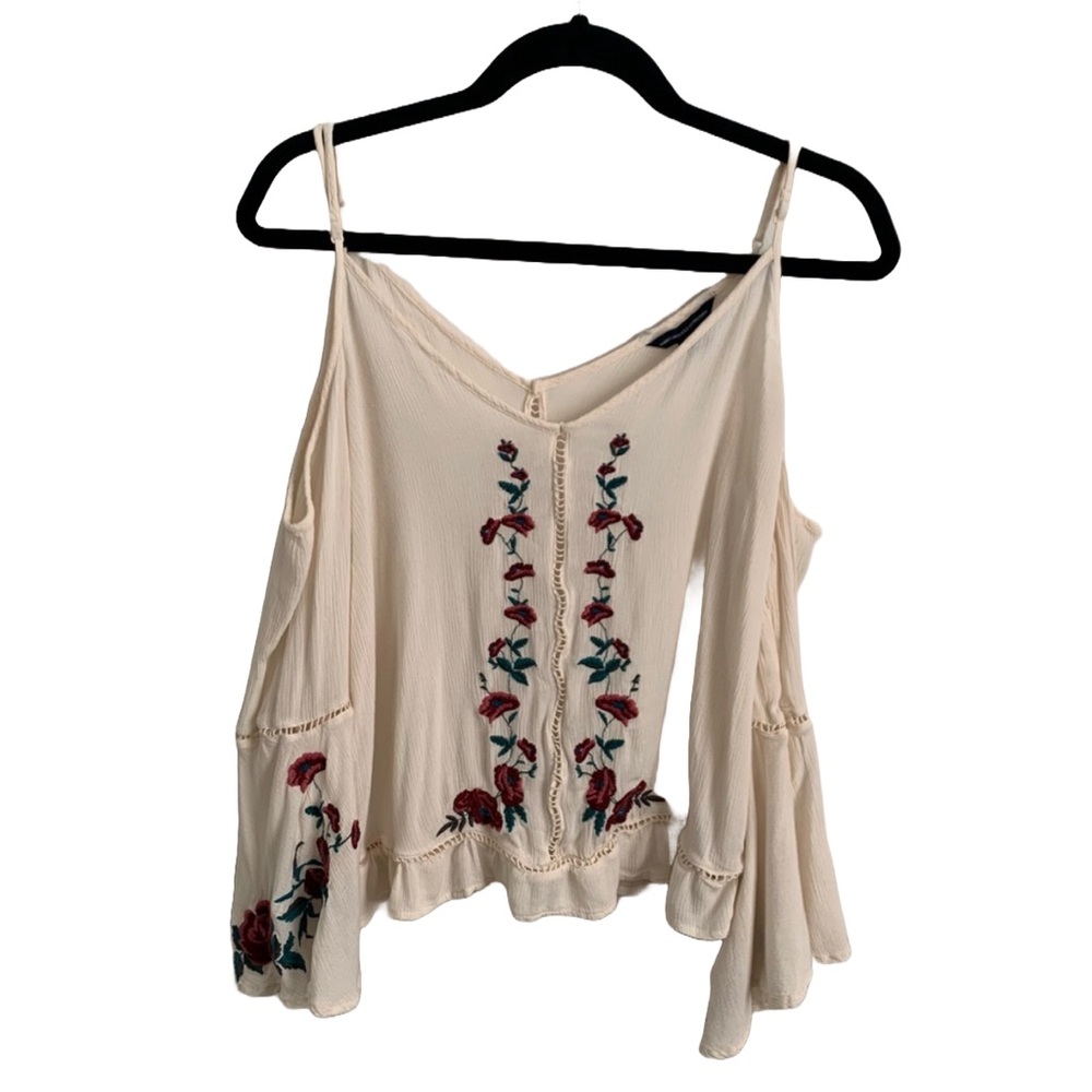 American Eagle Womens S Embroidered Bell Sleeve Bohemian Top Beachy Boho Flirty
